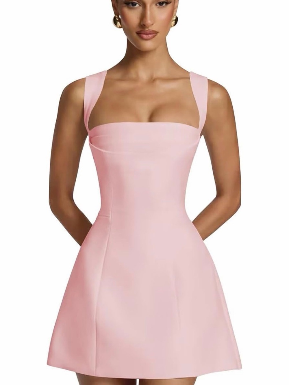 Elegant Pink Square-Neck A-Line Dress